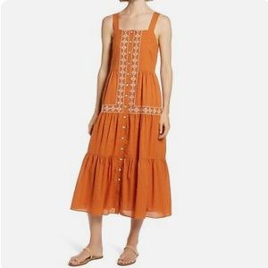 EUC Madewell Embroidered Button Front Tiered Midi Dress In Burnt Orange